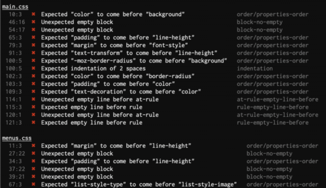 screenshot demonstrating the output of stylelint screenshot demonstrating the output of stylelint